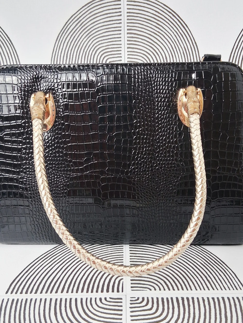 Black Faux Croc Satchel Bag Braided Gold Handle Patent Pleather Shoulder Purse